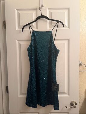 Lulu's Teal Sequin Mini Dress with Spaghetti Straps